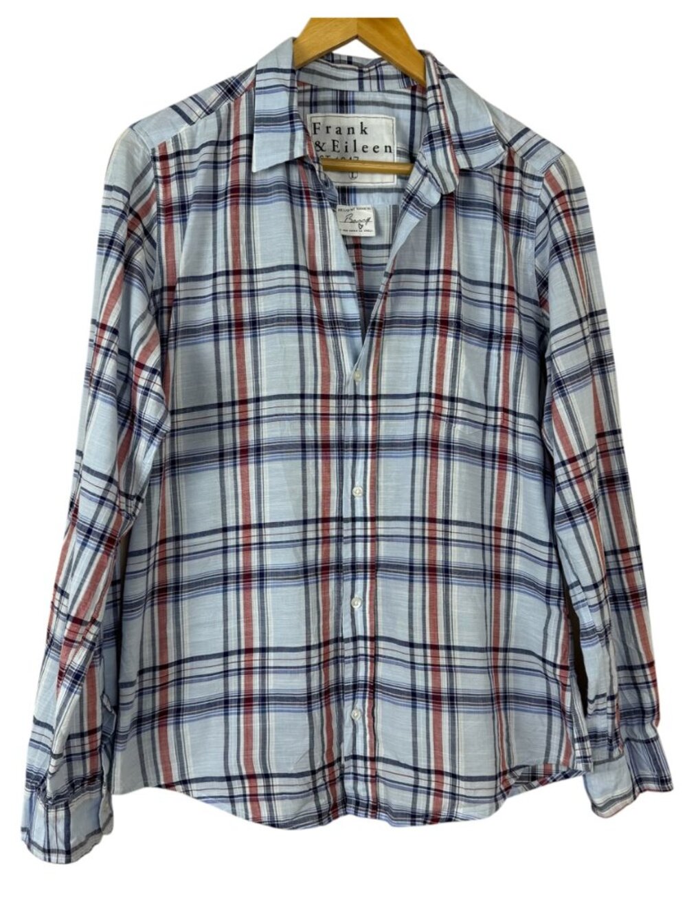 Frank & Eileen Barry Plaid Button Up Shirt Women Lg Blue White Red Preppy Cotton